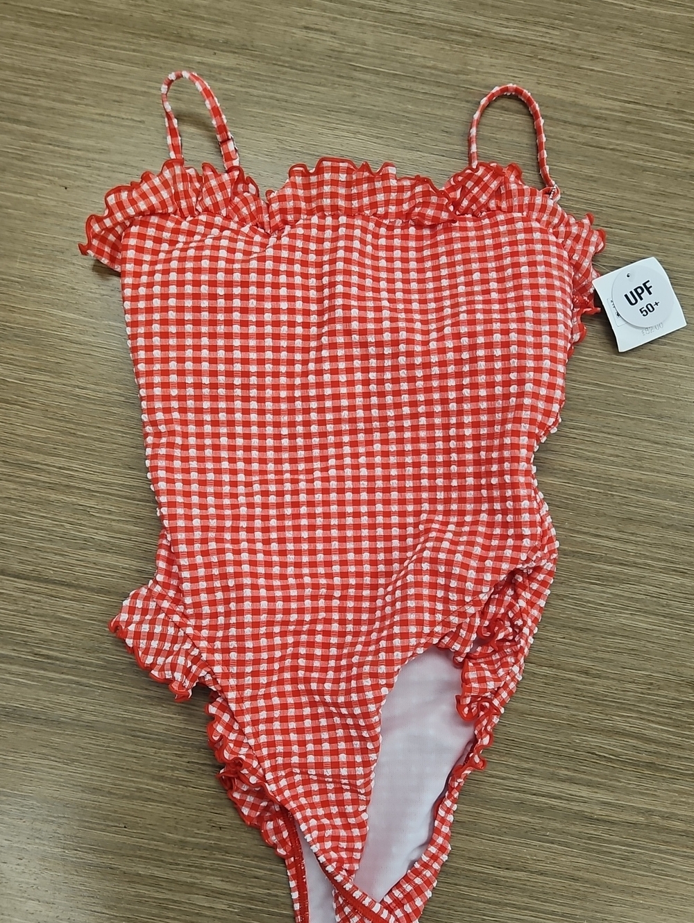Red Gingham One-Piece Swimsuit with Ruffle Trim